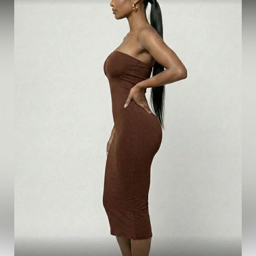 Strapless Bodycon Midi Dress in Dusty Blue - Picture 11 of 15